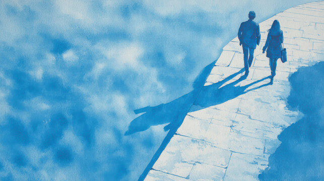 Romantic blue watercolor painting of couple silhouette walking together. Their long shadow on path evokes feeling of peaceful journey