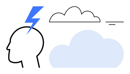 Mental health concept. Abstract ation of mental health with brain outline, storm lightning creativity and cloud . Mental health for mindfulness, psychology, therapy, emotional well-being
