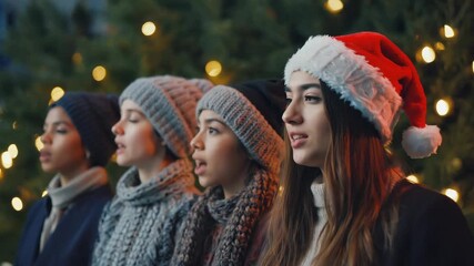 Multiracial group of teenage girls singing in a christmas choir performance. Young female carolers in santa hats and winter clothes celebrating the holiday season together - Powered by Adobe