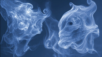 Ethereal blue smoke shapes resembling two mysterious human heads. confrontational and surreal abstract concept against dark background