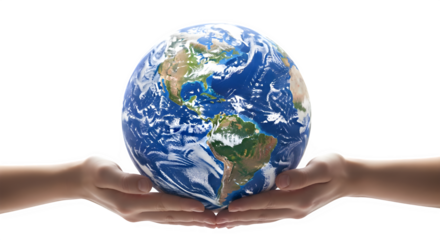 Two cupped hands gently holding and supporting a detailed, vibrant globe representing planet earth, isolated on transparent background