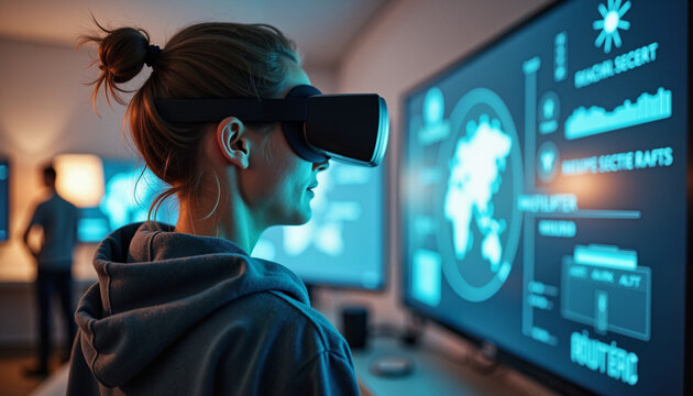 Young woman experiencing virtual reality in a modern tech environment