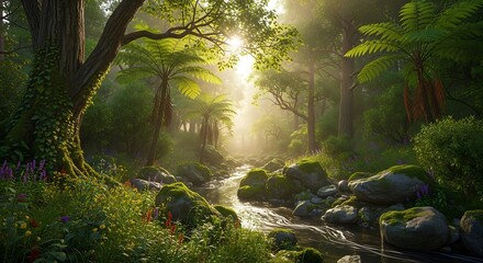 Vibrant Forest Stream with Sunbeams and Moss-Covered Rocks