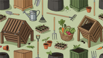 Gardening Equipment Seamless Pattern Illustrated Garden Tools and Produce