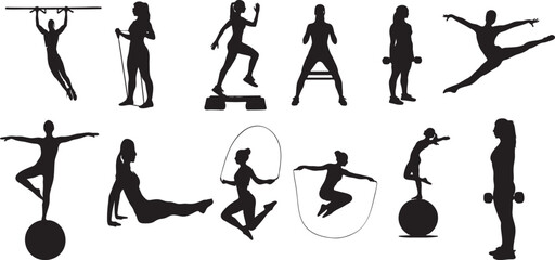Silhouette collection of women exercising in various fitness activities