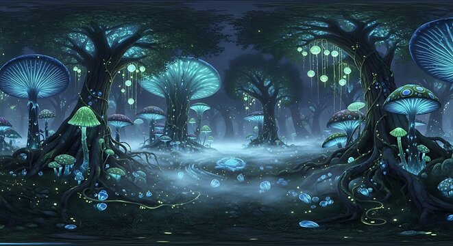 Mystical Forest with Bioluminescent Fungi at Night - Powered by Adobe