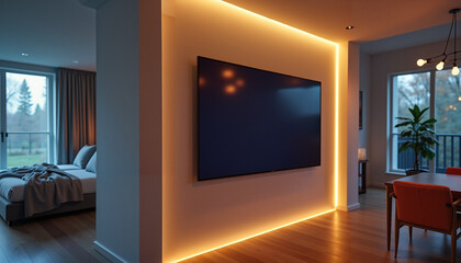 Contemporary living room design with smart TV and warm lighting concept