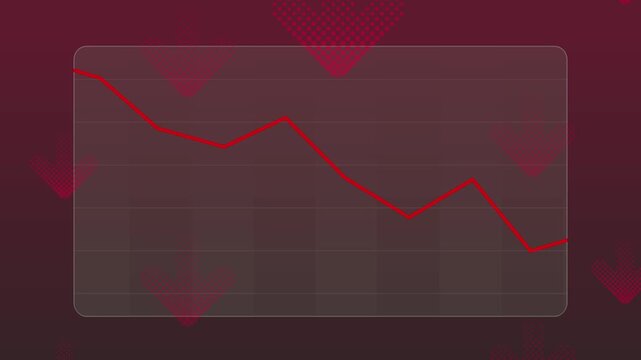 Red falling line chart moving down. Stock market decline arrows and selling momentum. Financial analytics, crypto trading, KPI, revenue decrease. Bearish downtrend graph. Sales negative performance