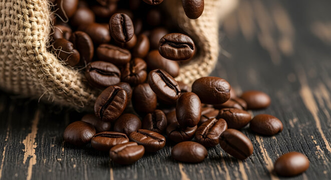 Coffee beans spilling from a burlap sack onto a dark wooden surface with a shallow depth of field
