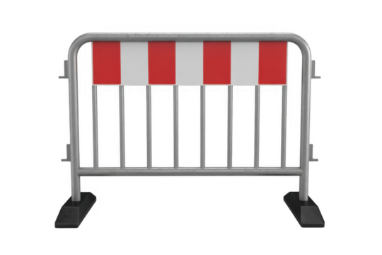 Metal crowd barrier with red and white panels isolated on a transparent background