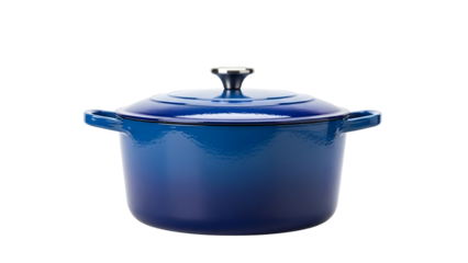 Blue enameled cast iron dutch oven with lid isolated on black background