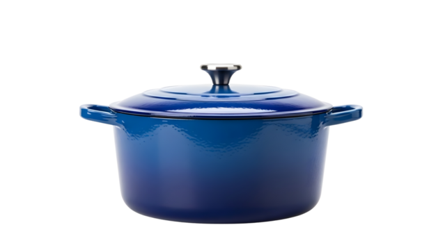 Blue enameled cast iron dutch oven with lid isolated on black background