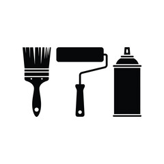 Black silhouette of paint brush roller and spray can icons