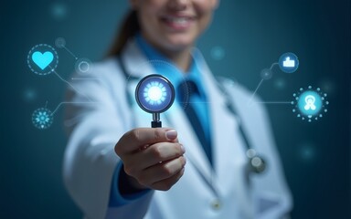 Doctor holds a stethoscope with glowing AI icons representing innovation in healthcare and intelligent medical technology for advanced diagnostics and smart care solutions. High quality