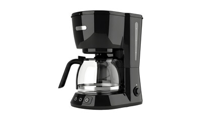 Modern black drip coffee maker with glass carafe on black background