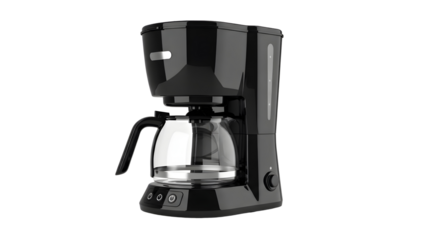 Modern black drip coffee maker with glass carafe on black background