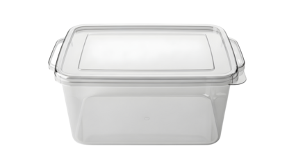 Clear square food storage container with lid isolated on black background