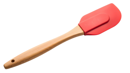 Red silicone spatula with wooden handle on black background