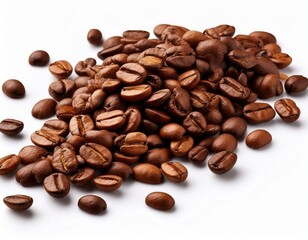 Fototapeta premium roasted coffee beans pile spilling from top corner isolated on white background