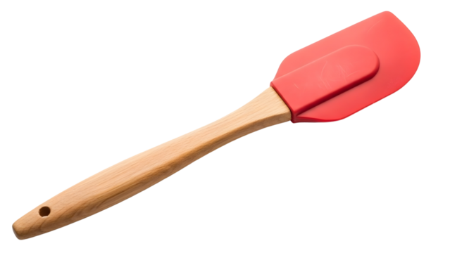 Red silicone spatula with wooden handle on black background