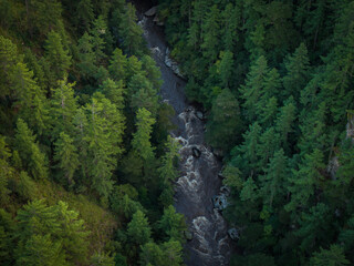 Aerial view of the Tang Chhu River cutting a path through the dense, emerald forests, a testament to nature's raw power and serene beauty, Tang Gewog, Bumthang, Bhutan.