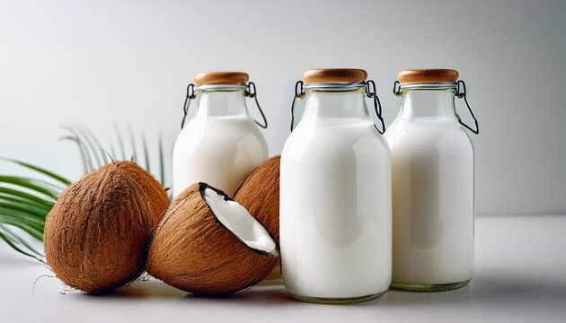 coconut milk in glass bottles on light background coconut milk as a dairy free option for healthy eating vegan clean eating coconut milk is used in plant based nutrition concept copy space