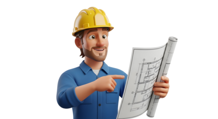 Construction worker in hard hat pointing at blueprint silhouette
