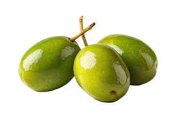 Obraz premium Three glossy green olives with stems on a black background fruit food, Isolated On Transparent Background, Png