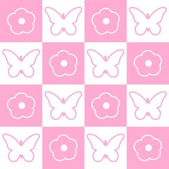 seamless pattern, abstract square modern pattern with cute chamomile flowers, butterfly . natural floral pink background surface design, textile, print, wrapp paper, cover. cute art illustration.