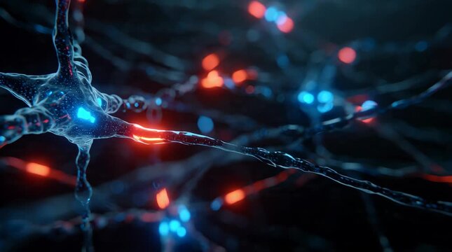 Close-up view of interconnected neurons with glowing blue and red lights, representing neural activity and brain function.