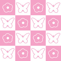 seamless pattern, butterfly, flower, abstract cute pattern of pink daisies. trendy plaid, cute graphic in modern style. for print, advertising, wrapping paper, web, social media. vector art 