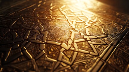 Intricate golden geometric pattern illuminated by warm light, creating a luxurious and textured abstract background