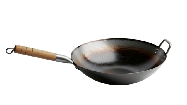 Traditional metal wok with wooden handle on black background