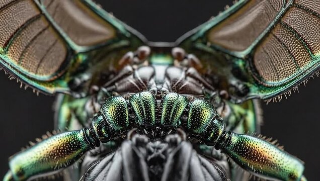Macro insect close-up showing iridescent, textured details, capturing nature's beauty