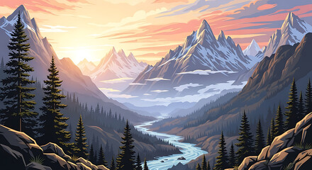 Majestic Snow Capped Mountain Valley at Sunset with Winding River and Pine Trees