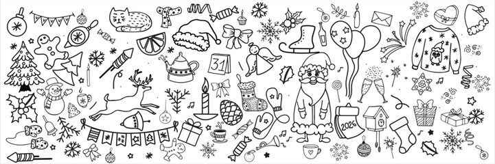 Huge Hand-Drawn Christmas & New Year Doodle Set – Santa Claus, Winter Holiday Icons, Gifts, Fireworks, Snowflakes, Festive Decorations, Seasonal Elements Line Art Collection 2026