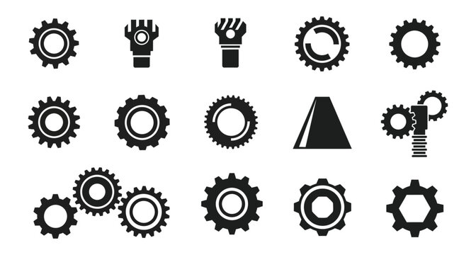 Assorted gear and component illustrations on white background creating an engineering concept or a machinery theme with a clean minimalistic design ideal for presentations and infographics