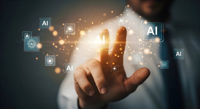 Close-up of a hand touching floating AI data nodes with soft bokeh, film grain, and warm lighting, ideal for illustrating machine learning, neural networks, and advanced tech interactions