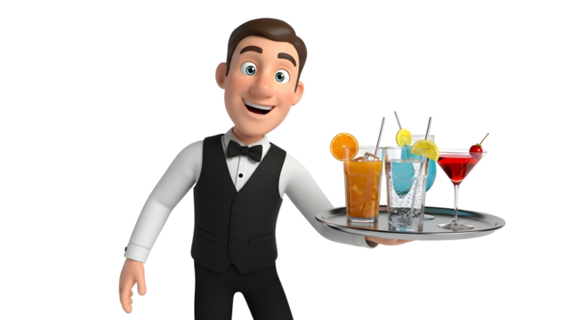 Cartoon bartender in silhouette carrying a tray of colorful cocktails silhouette