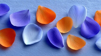 A collection of vibrant flower petals, in shades of purple, orange, and white, are scattered across a textured blue surface, creating a visually appealing patte