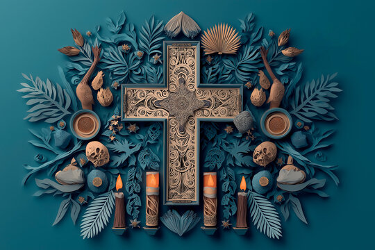 Paper-Cut Artwork Featuring Cuaresma Cross and Symbols