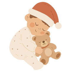 Obraz premium Cute Baby Sleeping with Teddy Bear in Christmas Pajamas Illustration