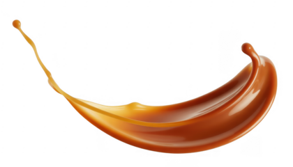 Orange caramel liquid splash with a thin tail isolated on a transparent background