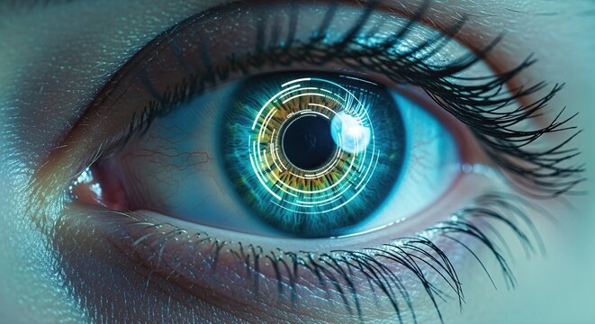 Human eye with cybernetic iris displaying digital circuits. Futuristic robotic vision concept merging biology and technology. Internet of things connection for 5g network and big data integration.