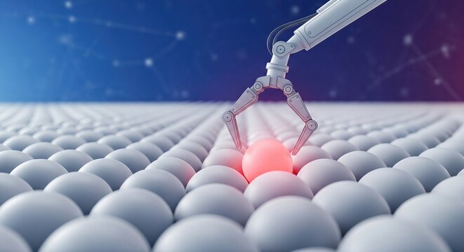Low angle shot of robotic claw grasping glowing red orb among white spheres in digital network. AI sentinel selecting data node in server array. Big data management and cloud computing for internet - Powered by Adobe