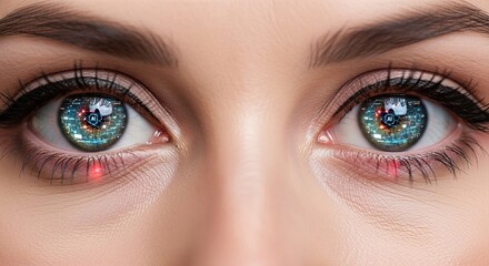 Womans eyes reflecting digital tablet control interface. Handheld device for Internet of Things management. Augmented reality visualization of big data and cloud services in future technology concept.