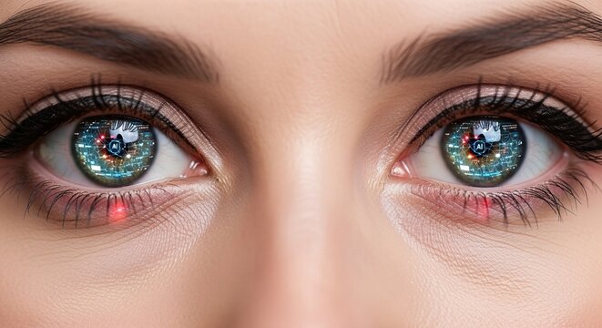 Womans eyes reflecting digital tablet control interface. Handheld device for Internet of Things management. Augmented reality visualization of big data and cloud services in future technology concept.