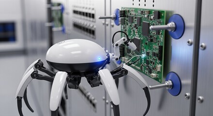 Surreal composition of floating nodes in futuristic data center. White spider robot attaching to server rack with circuit boards. Internet of things connectivity and cloud computing concept for big