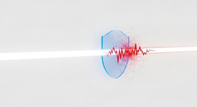 Silver key resting on glowing blue digital shield with red signal waves emanating outward. Cybersecurity and encryption concept for protecting internet of things networks and big data servers in 5g - Powered by Adobe