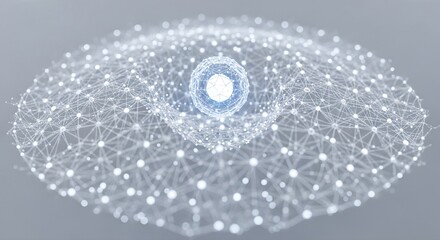 Silver key resting on glowing digital network mesh with central light node. Symbol of secure access to 5G technology and internet of things. Big data protection and cloud services concept for